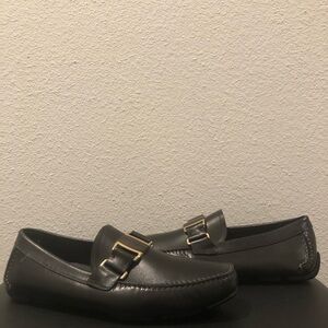 Salvatore Ferragamo Black Leather Loafers with Gold Accent